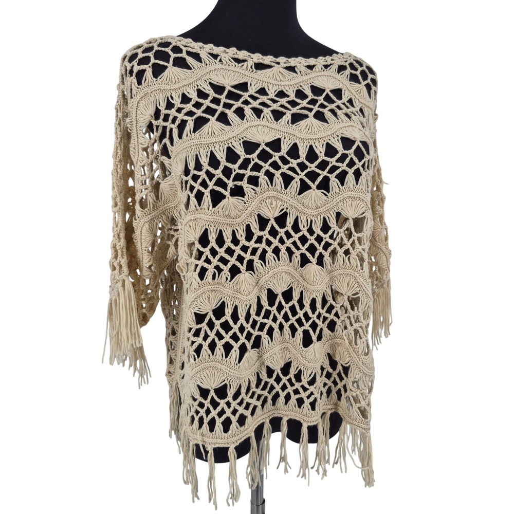 Chicos Crochet Poncho Womens Size 1 Beige Fringe Open Knit Boho Top